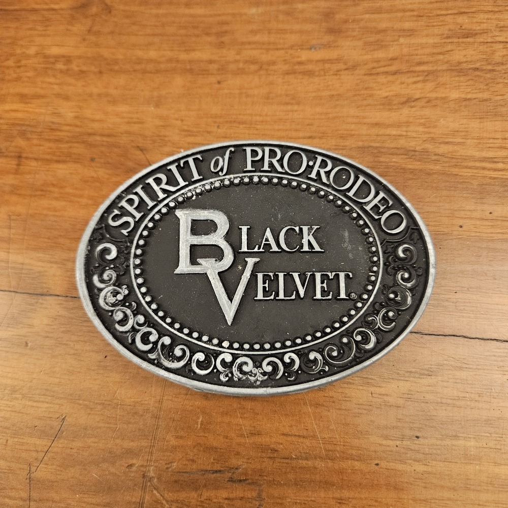 Black Velvet Spirit of Pro Rodeo 1979 Blended Canadian Whisky Promo Belt Buckle